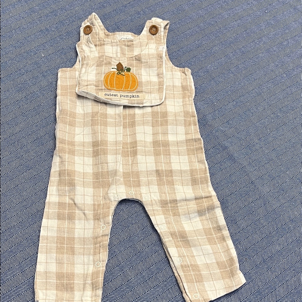 Mud Pie Beige Plaid Kids Overalls with detachable reversible bib
